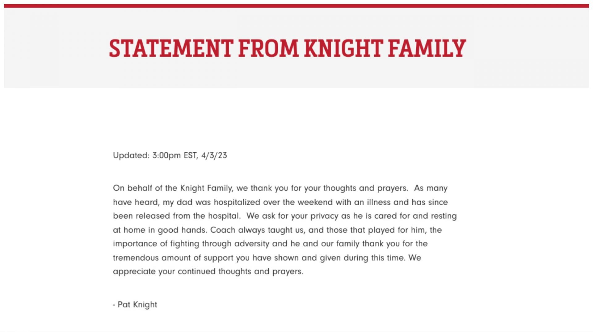 Pat knight release the statement about his father's health on his website. (Image via www.bobknight.com)
